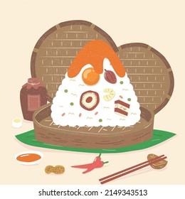 A delicious illustration of traditional zongzi filled with egg yolk, pork, prawn, and other ingredients, celebrating the Dragon Boat Festival