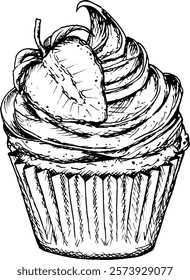 A delicious ink sketch of a cupcake topped with whipped cream and half a strawberry, drawn in black and white style. Perfect for baking designs, valentines and food-related creative projects.