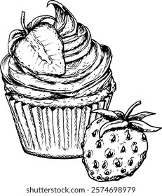 A delicious ink sketch of a cupcake topped with whipped cream and strawberries, drawn in black and white style. Perfect for baking designs, valentines and food-related creative projects.