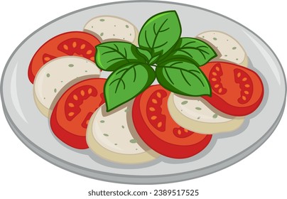 Delicious Italian Caprese Salad. Vector Illustration of Salad with Ripe Tomatoes, Mozzarella Cheese, and Fresh Basil on a Plate. Vegetarian food. Vector Illustration for Cafe or Restaurant Menu Design