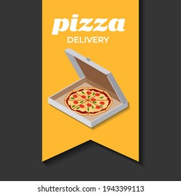 Delicious Italian fast food. Pizza delivery. Pepperoni cheese pizza and carton package box in 3D vector isometric illustration 