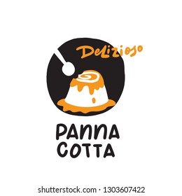 Delicious in italian. Funny hand drawn illustration of panna cotta and spoon. Vector illustration