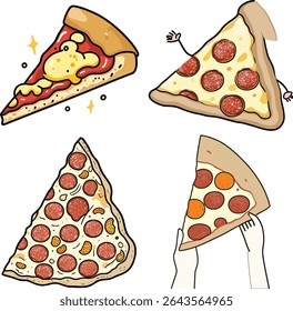 Deliciosa refeição italiana: ilustração vetorial de um conjunto de pizzas com salame, queijo e legumes	