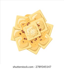 Delicious Italian pasta dish. Square ravioli topped with creamy cheese sauce, parmesan, and bacon bits. Top view flat vector illustration isolated on white