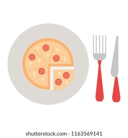 delicious italian pizza in dish with cutleries
