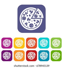 Delicious italian pizza lifted slice one icons set vector illustration in flat style In colors red, blue, green and other