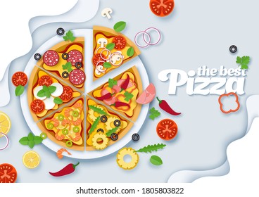 Delicious italian pizza. Vector layered paper cut style top view illustration. Different types of pizza slices with salami, cheese, tomatoes, mozzarella, mushrooms, pineapples, olives, seafood.