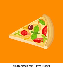 Delicious Italian slice of pizza on a yellow isolated background. Vector illustration style is flat, cartoon.