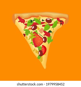 Delicious Italian slice of pizza on a yellow isolated background. Vector illustration style is flat, cartoon.