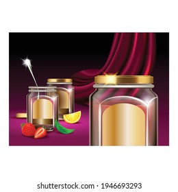 Delicious Jam Creative Promotional Banner Vector. Spoon In Blank Label Jam Glass Bottle, Strawberry And Cherry, Lemon Piece And Green Leaf Advertise Marketing Poster. Color Concept Layout Illustration