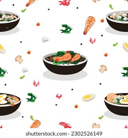 Delicious Japanese food and ingredients. Asian culture. Vector seamless pattern with Japanese soup with shrimp, tofu, eggs, mushrooms.