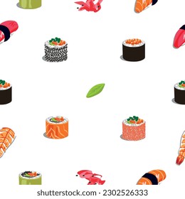 Delicious Japanese food and ingredients. Asian culture. Vector seamless pattern with rolls, sushi, caviar, shrimp and decorated with pieces of ginger and wasabi.