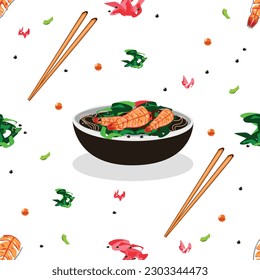 Delicious Japanese food and ingredients. Asian culture. Vector seamless pattern with Japanese soup with shrimp, seaweed and noodles.