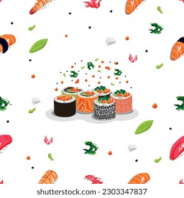 Delicious Japanese food and ingredients. Asian culture. Vector seamless pattern with rolls, sushi, caviar, shrimp and decorated with pieces of ginger and wasabi.