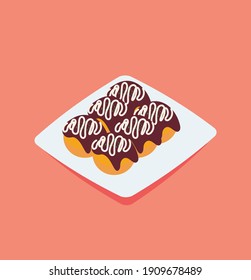 Delicious japanese food takoyaki in sauce on white plate