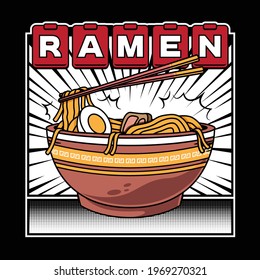 Delicioso fideo de ramen japonés sobre el tazón con ilustración vectorial de estilo retro plano vintage