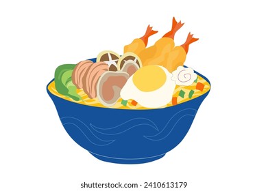 Delicious Japanese ramen noodle soup bowl with eggs, pork, vegetable on red background vector illustration. Noodle business food design concept background