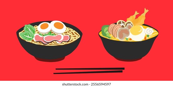 Delicious Japanese ramen noodle soup bowl with eggs, pork, vegetable on red background vector illustration. Noodle business food design concept background
