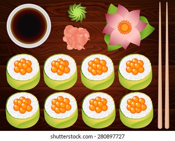 Delicious japanese sushi roll with soy sause ang ginger on wooden table. Vector image can be used for restaurant and cafe menu design, food posters, print cards and other crafts.