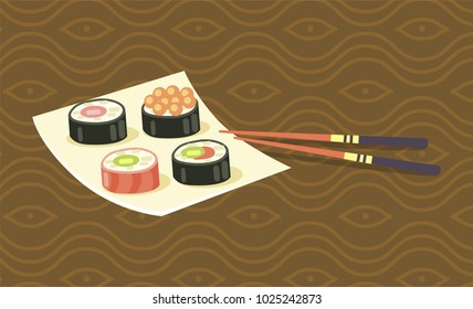 Delicious Japanese sushi rolls with red caviar, fresh salmon and green avocado on square plate with wooden chopsticks cartoon vector illustration.