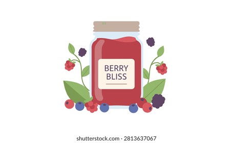 Delicious jar of berry bliss jam surrounded by fresh raspberries, blueberries, and blackberries with green leaves.