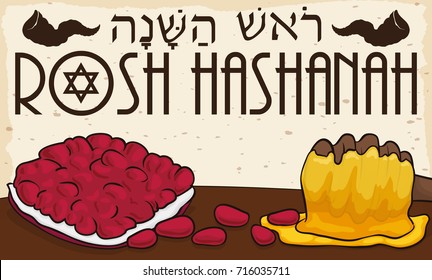 Delicious Jewish meals for Rosh Hashanah (written in Hebrew and decorated with David's Star and shofar horns) or Jewish New Year: pomegranate sliced with seeds and honey dipper.