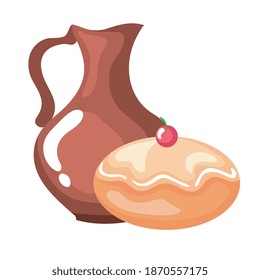 delicious jewish sweet donut with teapot vector illustration design