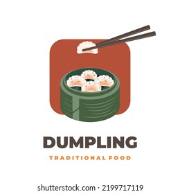 Köstliches jiaozi-Dumpling-Dim-Vektorgrafik-Logo mit natürlichem Bambusklakat