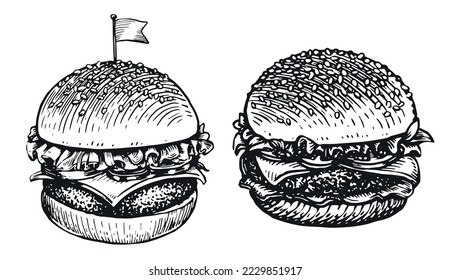 Delicious juicy big burger, hamburger. Tasty sandwich, fast food sketch. Hand drawn vintage vector illustration