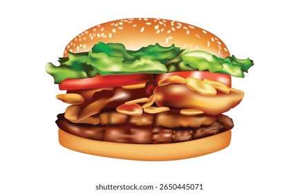 Delicious and Juicy Burger with Fresh Ingredients, Vector Illustration.
