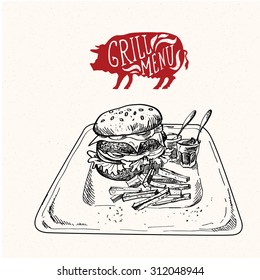 Delicious juicy burger hand drawn. Sketch illustration eps10