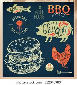 Delicious juicy burger. Sketch vintage illustration eps10
