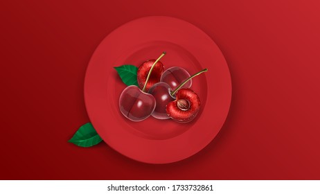 Delicious juicy cherries on a red plate.