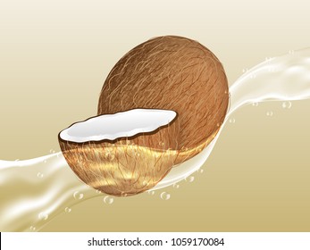 Delicious juicy coconut in spray of juice. Realistic style. Vector illustration.