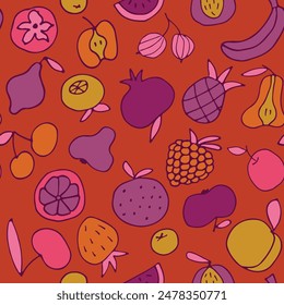 delicious juicy fruits seamless pattern. Bright seamless background for your design. Wrapping paper, textiles, wallpaper. Healthy food. Food doodle. Vector illustration.