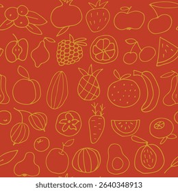 delicious juicy fruits seamless pattern. Bright seamless background for your design. Wrapping paper, textiles, wallpaper. Healthy food. Food doodle. Vector illustration.