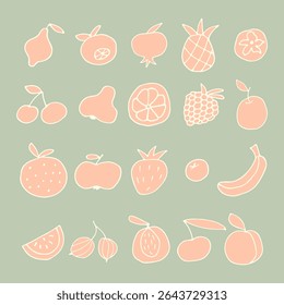 delicioso conjunto de frutas suculentas. Imagens de frutas isoladas. Comida saudável. Rabiscar comida. Ilustração vetorial.