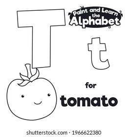 Delicious, juicy and happy tomato with letters 'T', ready to be colored during homework, learning the alphabet.