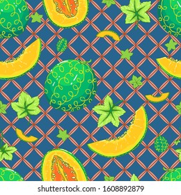 Delicious juicy ripe green Japanese melon with orange pulp and seeds. Seamless background with pattern.