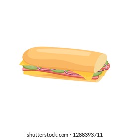 Delicious juicy sandwich with vegetables, cheese, meat, bacon, tomatoes and a crispy crust.