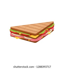 Delicious juicy sandwich with vegetables, cheese, meat, bacon, tomatoes and a crispy crust.