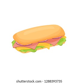 Delicious juicy sandwich with vegetables, cheese, meat, bacon, tomatoes and a crispy crust.