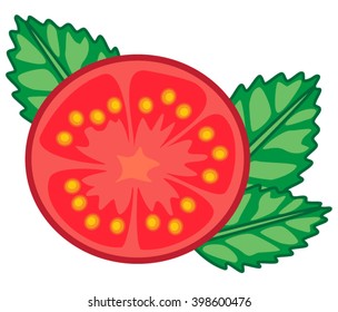 delicious juicy tomato slice with the basil leaves vector illustration