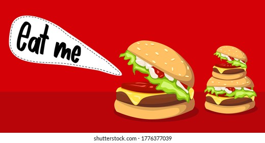 Delicious junk food burger that wanted to eat. filled with tomatoes, meat, and cheese. Red Background