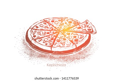 Delicious junk food, tasty snack with mozzarella, baked ham, mushrooms, artichokes, anchovies and tomatoes. Pizza capricciosa, traditional italian meal concept sketch. Hand drawn vector illustration