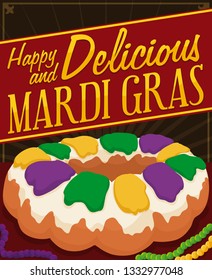 Delicious king's cake with colorful glaze and some necklaces around it to celebrate a happy Mardi Gras carnival.