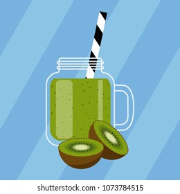 Delicious kiwi smoothie. Colorful sweet healthy beverage with straw and kiwi. Vector illustration in flat style. Graphic design elements for summer menu, advertising, poster, brochure etc.