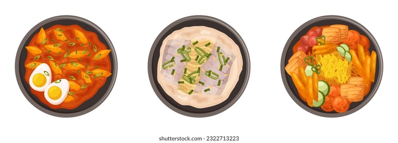 Los Deliciosos Platos Coreanos Ofrecen Una Mezcla Única De Sabores Y Texturas. Desde el picante Kimchi a la Sabrosa Tteokbokki y el pollo frito, hay algo para que todos disfruten. Ilustración del vector de dibujos animados