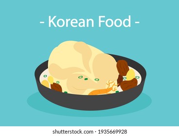 Delicious korean food. Chicken soup with ginseng on white background, Vector illustration.