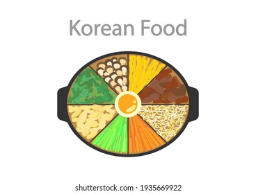 Delicious korean food. Classic Korean meal on white background, bibimbap, Vector illustration.